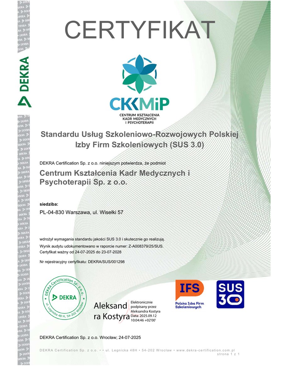Certyfikat SUS 3.0 DEKRA — Centrum Kształcenia Kadr Medycznych i Psychoterapii